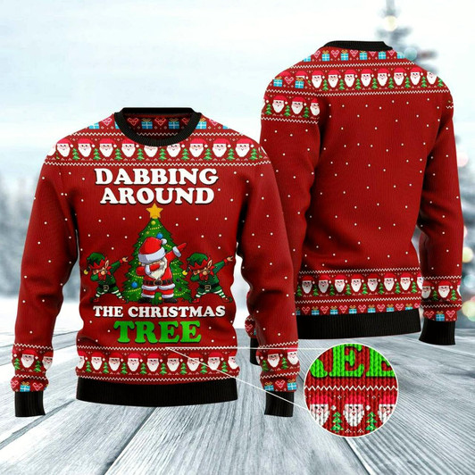 Goofygearprints Xmas Tree Sweater, Dabbing Around The Christmas Tree Santa Claus And Goblin Ugly Christmas Sweater, Funny Xmas Sweater