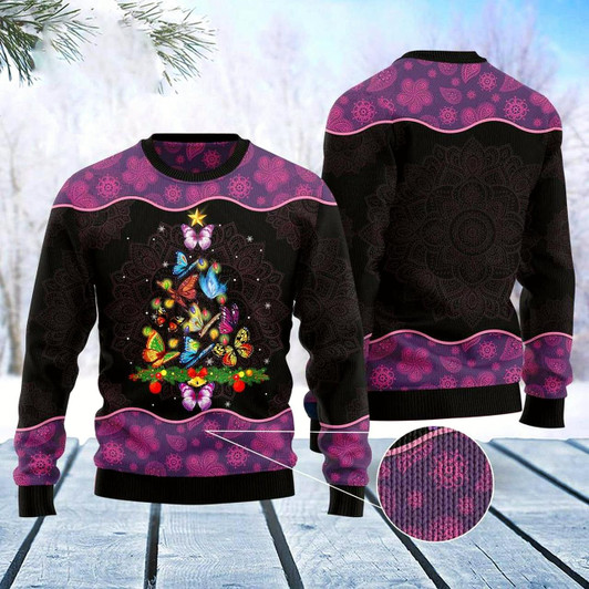 Goofygearprints Xmas Tree Sweater, Butterfly Christmas Tree Ugly Christmas Sweater, Funny Xmas Sweater