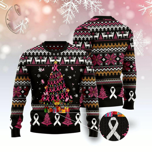 Goofygearprints Xmas Tree Sweater, Breast Cancer Awareness Christmas Tree Ugly Christmas Sweater, Funny Xmas Sweater