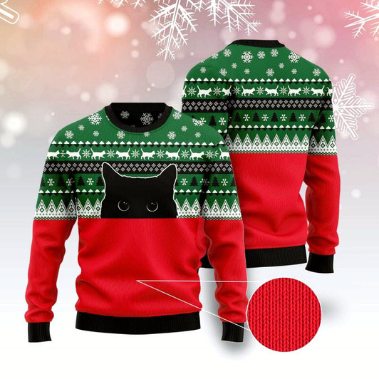 Goofygearprints Cat Xmas Sweater, Meow Meow Black Cat Ugly Christmas Sweater, Sweater Xmas