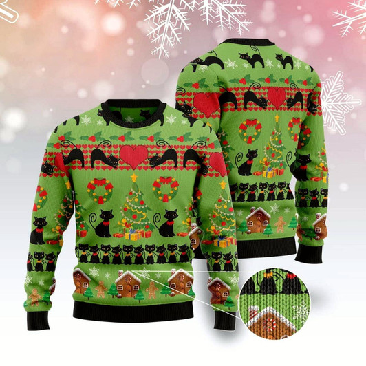 Goofygearprints Cat Xmas Sweater, Love Black Cat Ugly Christmas Sweater, Sweater Xmas