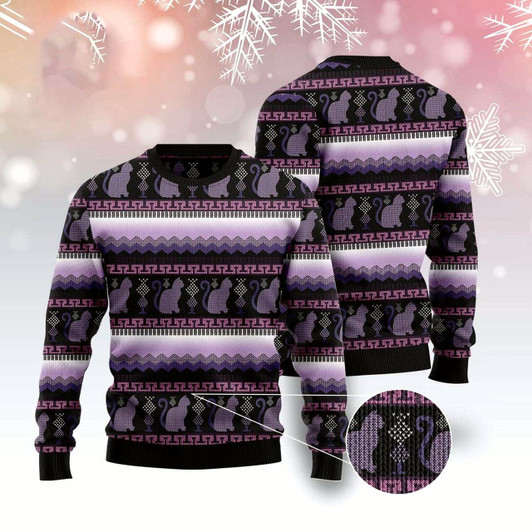 Goofygearprints Cat Xmas Sweater, Cat Purple Pattern Ugly Christmas Sweater, Sweater Xmas