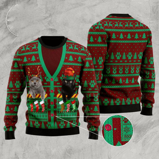 Goofygearprints Cat Xmas Sweater, Cat Pocket Xmas Ugly Christmas Sweater, Sweater Xmas