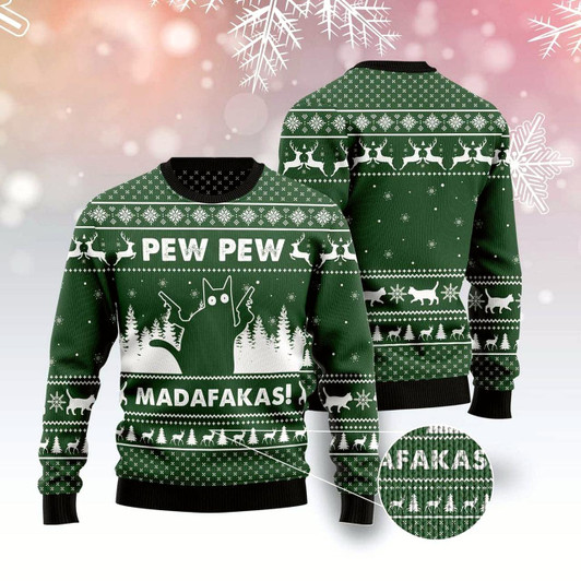 Goofygearprints Cat Xmas Sweater, Cat Pew Pew Madafakas Ugly Christmas Sweater, Sweater Xmas