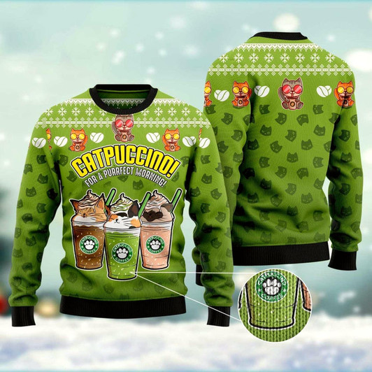 Goofygearprints Cat Xmas Sweater, Cat Coffee Ugly Christmas Sweater, Sweater Xmas
