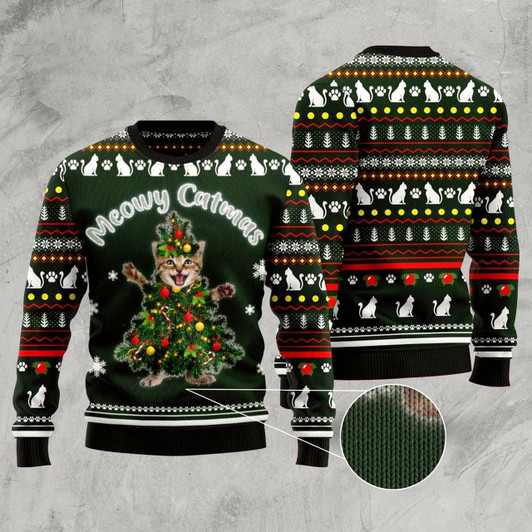 Goofygearprints Cat Xmas Sweater, Cat Christmas Tree Meowy Catmas Ugly Christmas Sweater, Sweater Xmas