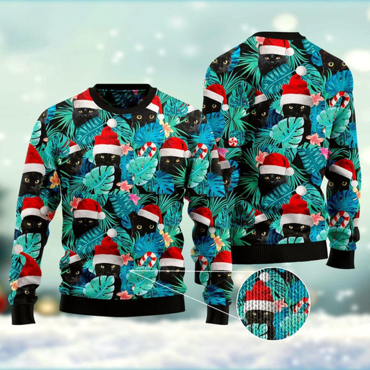 Goofygearprints Cat Xmas Sweater, Black Cat Ugly Christmas Sweater, Sweater Xmas