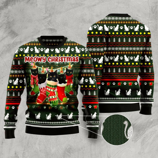 Goofygearprints Cat Xmas Sweater, Black Cat Socks Ugly Christmas Sweater, Sweater Xmas