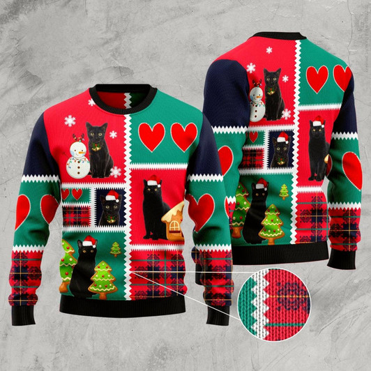 Goofygearprints Cat Xmas Sweater, Black Cat Snow Ugly Christmas Sweater, Sweater Xmas