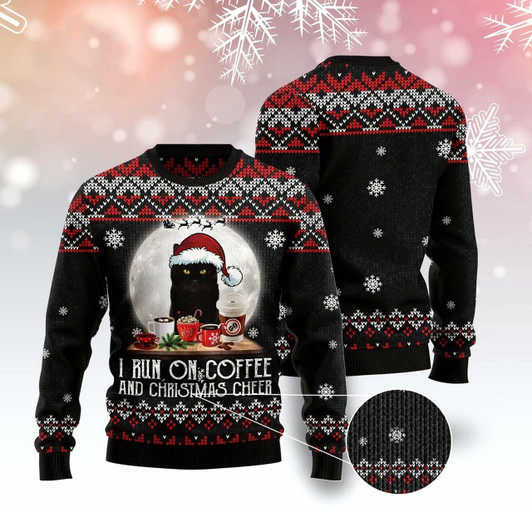 Goofygearprints Cat Xmas Sweater, Black Cat Run On Coffee Ugly Christmas Sweater, Sweater Xmas