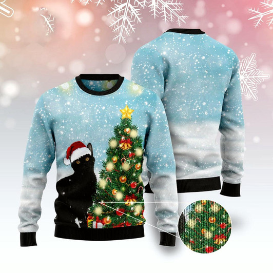 Goofygearprints Cat Xmas Sweater, Black Cat Noel Tree Ugly Christmas Sweater, Sweater Xmas