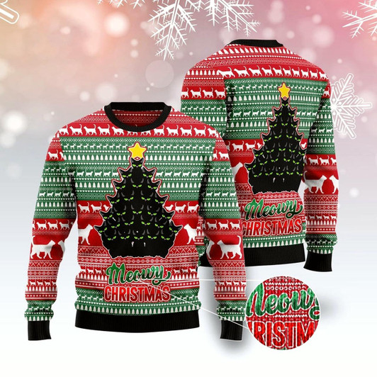 Goofygearprints Cat Xmas Sweater, Black Cat Meowy Christmas Ugly Christmas Sweater, Sweater Xmas