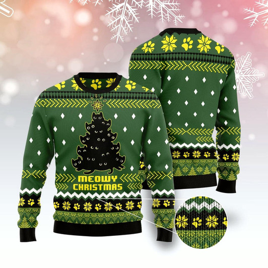 Goofygearprints Cat Xmas Sweater, Black Cat Meowy Christmas Tree Ugly Christmas Sweater, Sweater Xmas