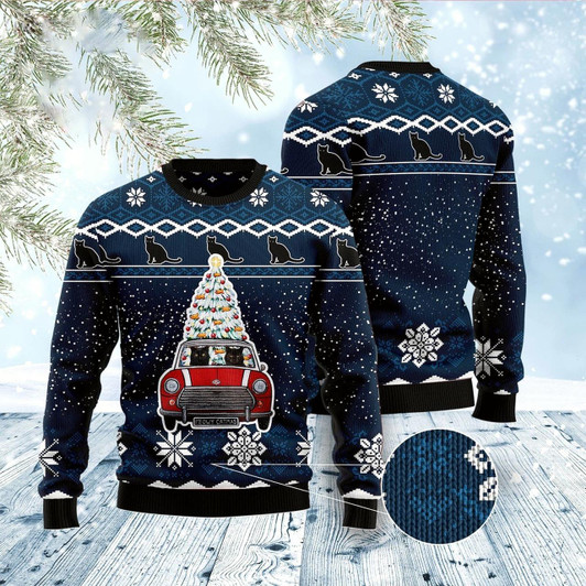 Goofygearprints Cat Xmas Sweater, Black Cat Meowy Catmas Ugly Christmas Sweater, Sweater Xmas