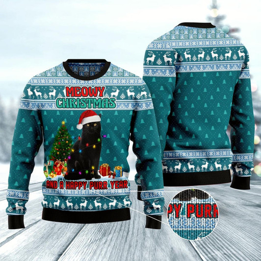 Goofygearprints Cat Xmas Sweater, Black Cat Meomy Christmas And A Happy Purr Year Ugly Christmas Sweater, Sweater Xmas