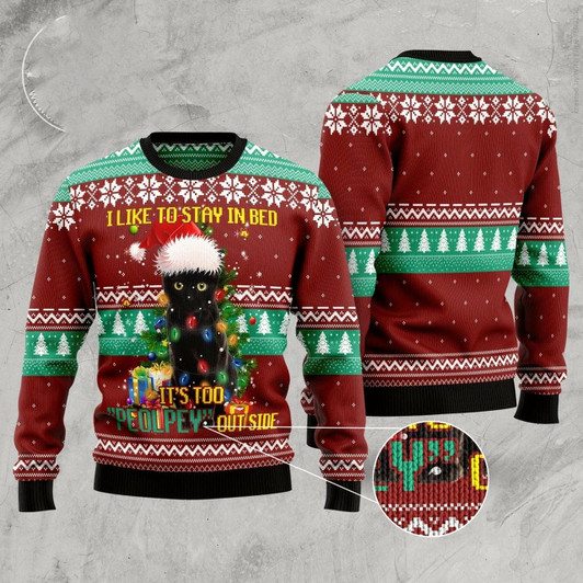 Goofygearprints Cat Xmas Sweater, Black Cat Like Stay To In Bed Xmas Ugly Christmas Sweater, Sweater Xmas