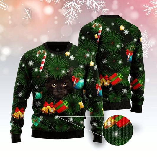 Goofygearprints Cat Xmas Sweater, Black Cat Inside Tree Ugly Christmas Sweater, Sweater Xmas