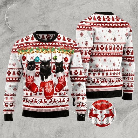 Goofygearprints Cat Xmas Sweater, Black Cat Gloves Ugly Christmas Sweater, Sweater Xmas