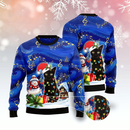 Goofygearprints Cat Xmas Sweater, Black Cat Christmas Night Ugly Christmas Sweater, Sweater Xmas