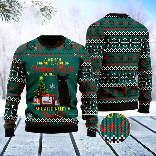 Goofygearprints Cat Xmas Sweater, Black Cat Christmas Movie Ugly Christmas Sweater, Sweater Xmas
