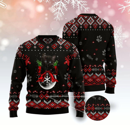 Goofygearprints Cat Xmas Sweater, Black Cat Christmas All Over Print Ugly Christmas Sweater, Sweater Xmas