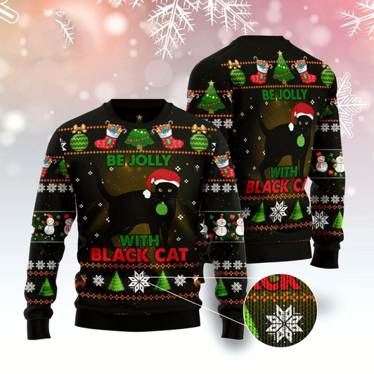 Goofygearprints Cat Xmas Sweater, Black Cat Be Jolly Ugly Christmas Sweater, Sweater Xmas