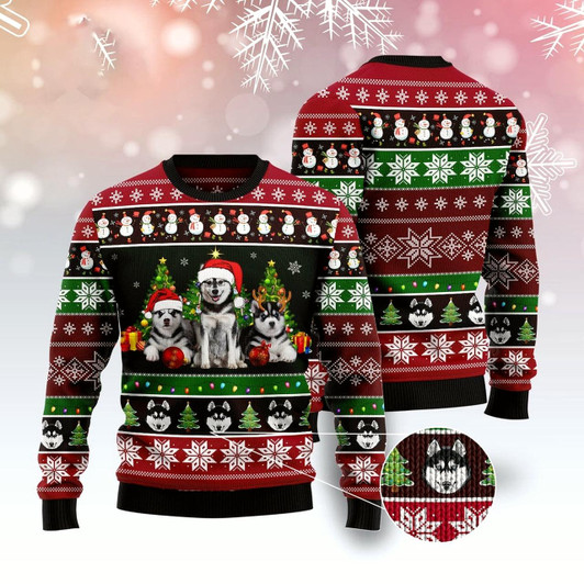 Goofygearprints Dog Xmas Sweater, Siberian Husky Group Beauty Ugly Christmas Sweater, Funny Xmas Sweater