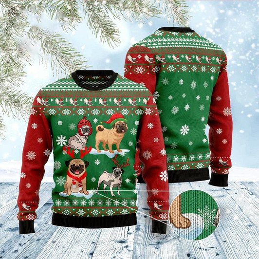Goofygearprints Dog Xmas Sweater, Pug Snow Day Ugly Christmas Sweater, Funny Xmas Sweater