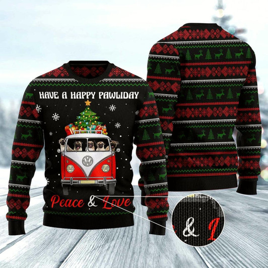 Goofygearprints Dog Xmas Sweater, Pug Dogs Carrying Gift Christmas On The Red Car Ugly Christmas Sweater, Funny Xmas Sweater