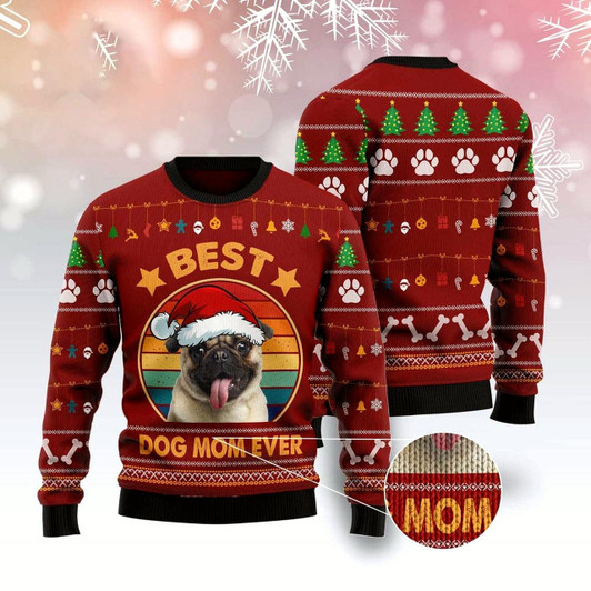 Goofygearprints Dog Xmas Sweater, Pug Best Dog Mom Ever Ugly Christmas Sweater, Funny Xmas Sweater