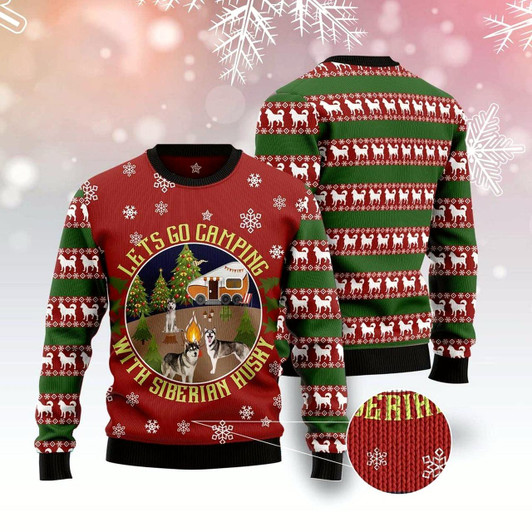 Goofygearprints Dog Xmas Sweater, Let'S Go Camping With Siberian Husky Ugly Christmas Sweater, Funny Xmas Sweater