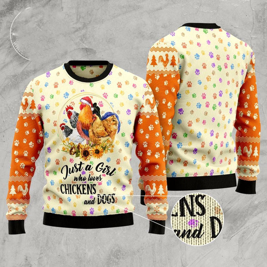 Goofygearprints Dog Xmas Sweater, Just A Girl Who Loves Chickens And Dogs Ugly Christmas Sweater, Funny Xmas Sweater