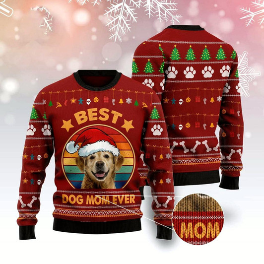 Goofygearprints Dog Xmas Sweater, Golden Retriever Best Dog Mom Ever Ugly Christmas Sweater, Funny Xmas Sweater