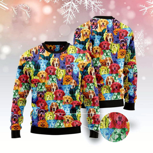 Goofygearprints Dog Xmas Sweater, Dog Colorful Ugly Christmas Sweater, Funny Xmas Sweater