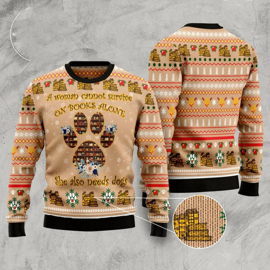 Goofygearprints Dog Xmas Sweater, Dog And Book Lover Ugly Christmas Sweater, Funny Xmas Sweater