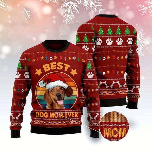 Goofygearprints Dog Xmas Sweater, Dachshund Best Dog Mom Ever Ugly Christmas Sweater, Funny Xmas Sweater