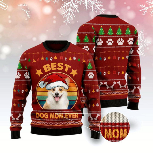 Goofygearprints Dog Xmas Sweater, Cardigan Welsh Corgi Best Dog Mom Ever Ugly Christmas Sweater, Funny Xmas Sweater