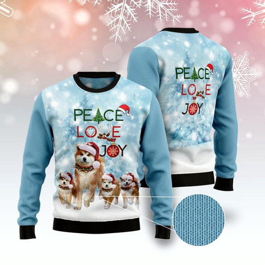 Goofygearprints Dog Xmas Sweater, Akita Peace Love Joy Ugly Sweater Ugly Christmas Sweater, Funny Xmas Sweater