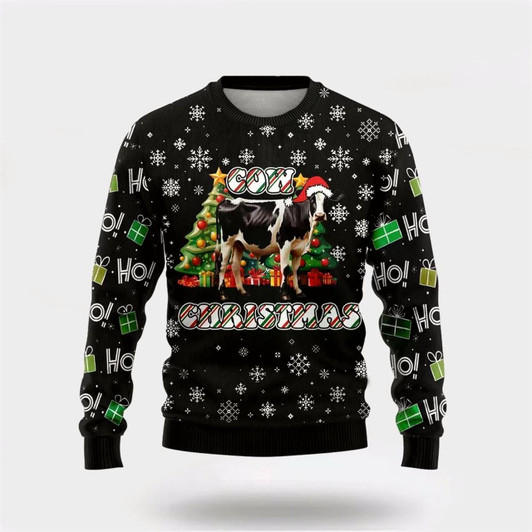 Goofygearprints Farmers Sweater, Xmas Pine Tree Cow Ugly Christmas Sweater, Christmas Crewneck Sweater, Winter Farm Fashion