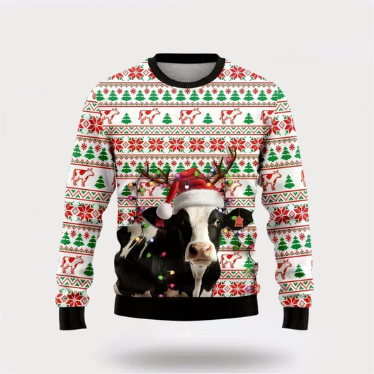 Goofygearprints Farmers Sweater, Reindeer Dairy Cow Ugly Christmas Sweater, Christmas Crewneck Sweater, Winter Farm Fashion