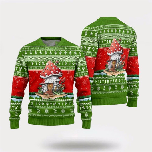 Goofygearprints Farmers Sweater, Mushrooms Green Pattern Ugly Christmas Sweater, Christmas Crewneck Sweater, Winter Farm Fashion