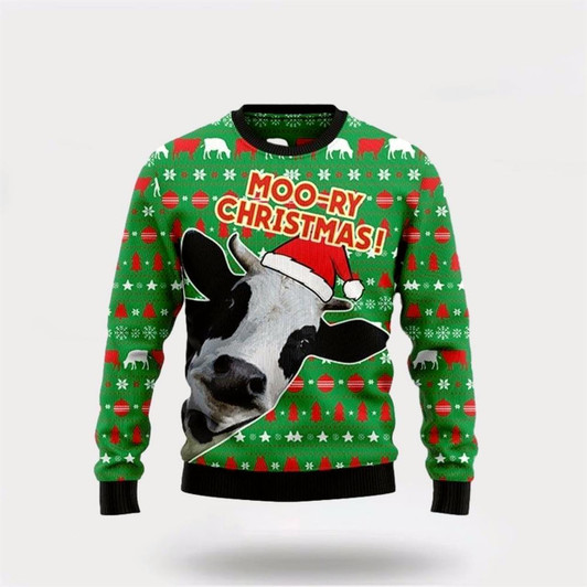 Goofygearprints Farmers Sweater, Moo-ry Dairy Cow Ugly Christmas Sweater, Christmas Crewneck Sweater, Winter Farm Fashion