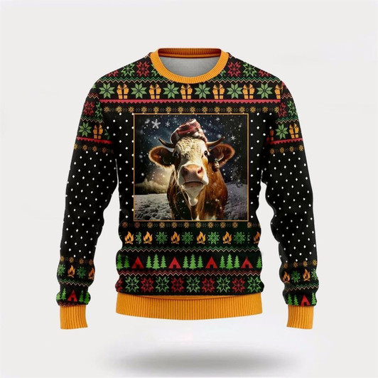 Goofygearprints Farmers Sweater, Lovely Hereford Cows Ugly Christmas Sweater, Christmas Crewneck Sweater, Winter Farm Fashion