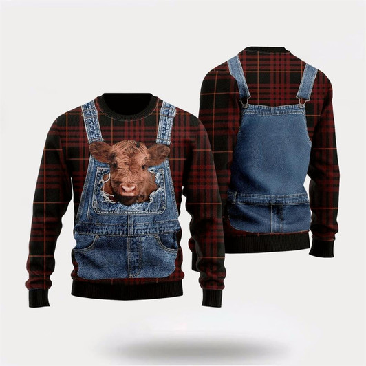 Goofygearprints Farmers Sweater, Love Cow Red Plaid Cute Ugly Christmas Sweater, Christmas Crewneck Sweater, Winter Farm Fashion