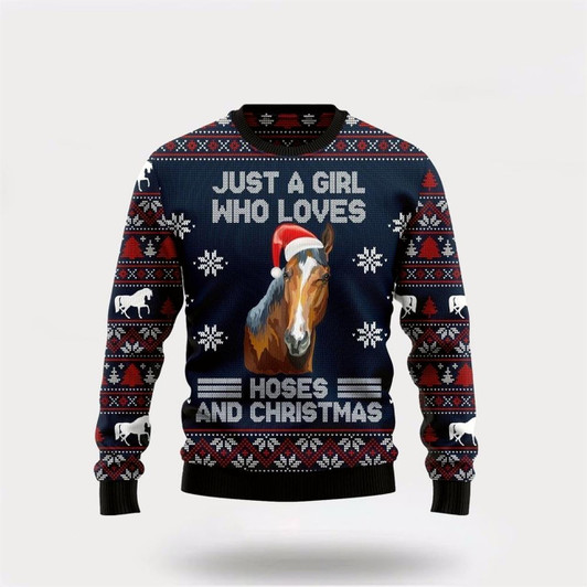Goofygearprints Farmers Sweater, Just A Girl Who Loves Horse Ugly Christmas Sweater, Christmas Crewneck Sweater, Winter Farm Fashion