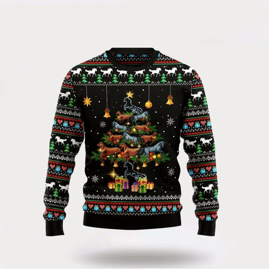 Goofygearprints Farmers Sweater, Horse Tree Ugly Christmas Sweater, Christmas Crewneck Sweater, Winter Farm Fashion