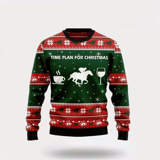 Goofygearprints Farmers Sweater, Horse Racing Wine Coffee Time Plan For Ugly Christmas Sweater, Christmas Crewneck Sweater, Winter Farm Fashion