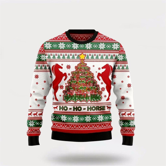 Goofygearprints Farmers Sweater, Ho Ho Horse Christmas Tree Ugly Christmas Sweater, Christmas Crewneck Sweater, Winter Farm Fashion