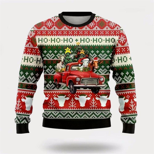 Goofygearprints Farmers Sweater, Ho Ho Ho Cow Christmass Ugly Christmas Sweater, Christmas Crewneck Sweater, Winter Farm Fashion
