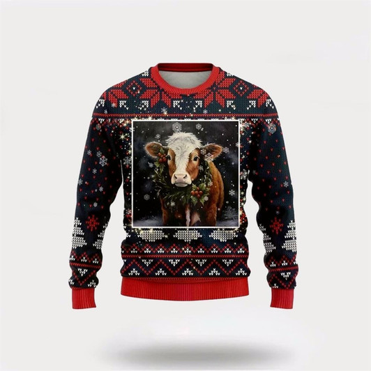 Goofygearprints Farmers Sweater, Hereford Cow Ugly Christmas Sweater, Christmas Crewneck Sweater, Winter Farm Fashion